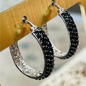 925  Silver Inside Out  Black Swarovski Crystal Hoops (vintage, unworn)